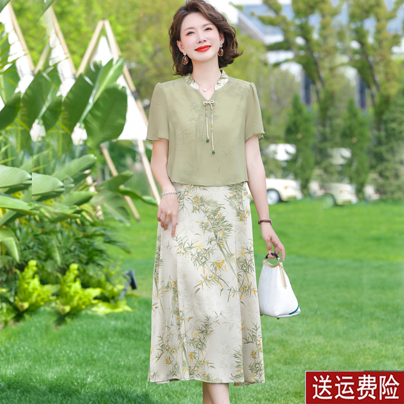 新中式妈妈夏装连衣裙洋气时尚假两件裙子中老年女装短袖雪纺裙子