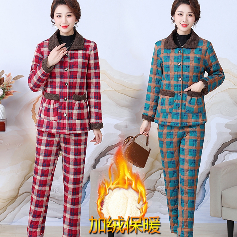 冬季中老年驼绒加绒加厚棉衣棉裤两件套女士睡衣居家服保暖套装