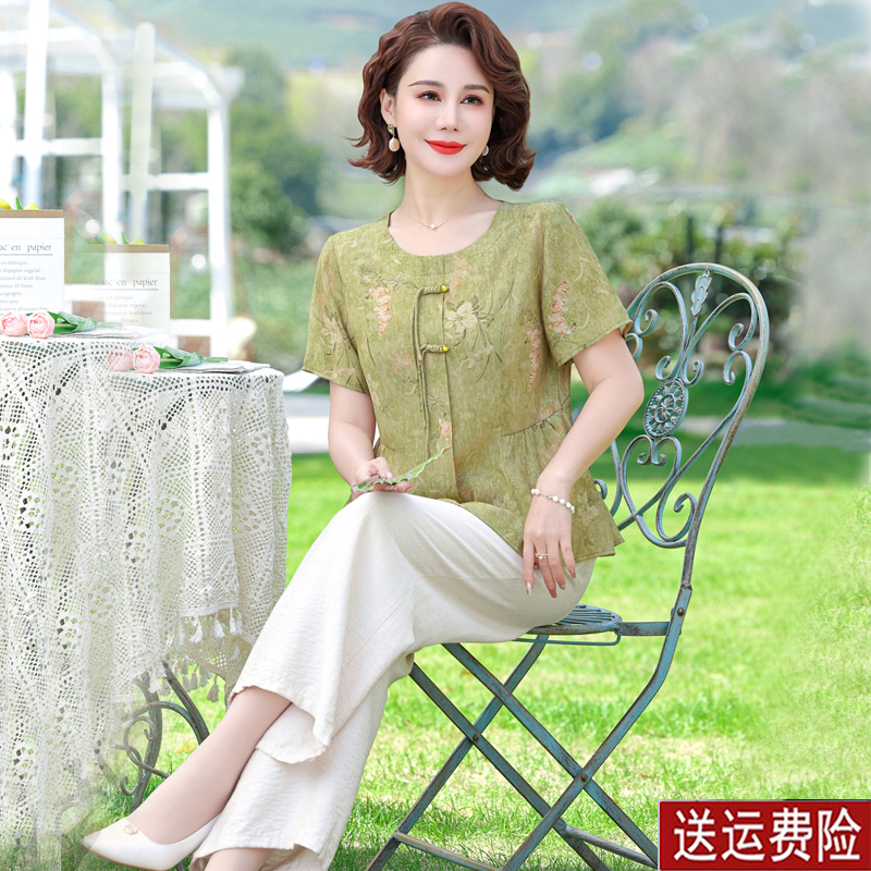 中国风妈妈夏装短袖上衣中年女装洋气小衫中老年新款夏季棉麻套装