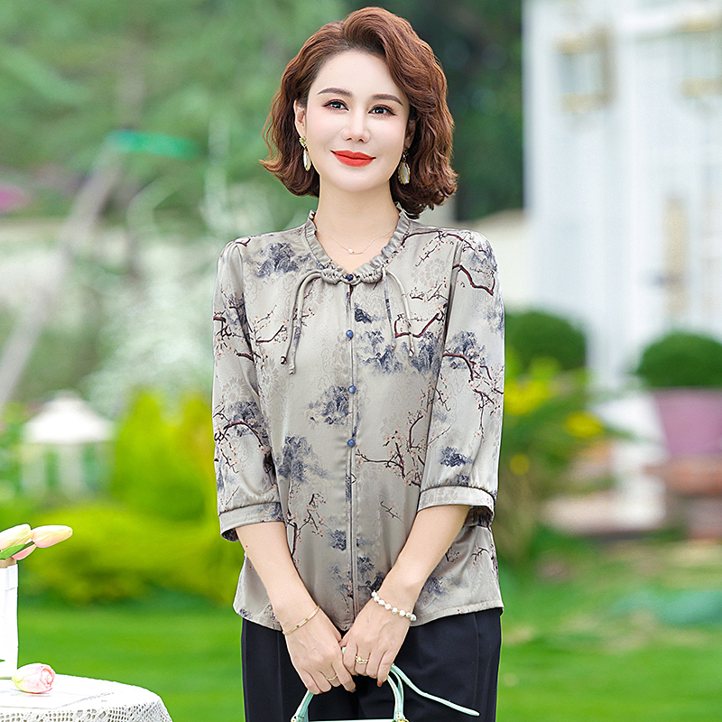 新中式时尚妈妈装七分袖印花衬衫中老年女夏装洋气质减龄小衫T恤
