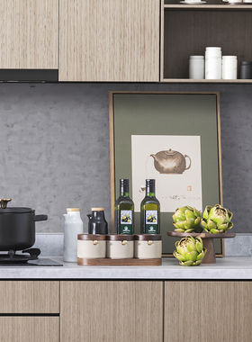 绿色系新中式样板间厨房摆件组合仿真仿真花艺瓶砧板锅具创意饰品