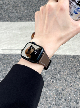 iserisewatch适用apple watch s9表带头层双面小牛皮苹果手表s8ultra/se代iwatch7高级女款真皮小众夏天原创