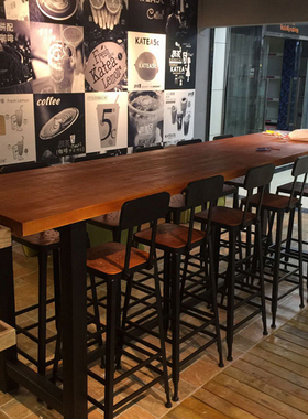实木吧台商用酒吧桌靠墙长条桌高脚凳家用定制咖啡厅吧台桌椅组合
