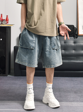 美式复古大口袋工装牛仔裤夏天设计感解构阔腿五分裤子男5分短裤