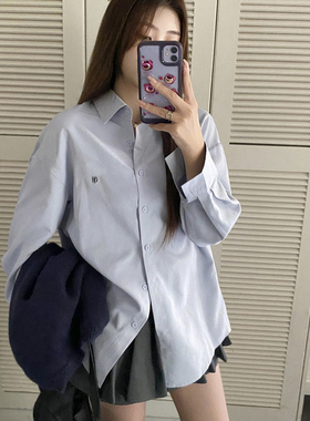 韩系高级感刺绣蓝色衬衫女2024春季新款长袖宽松小众设计感衬衣潮