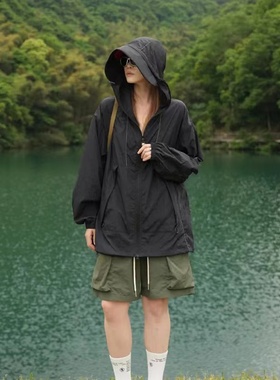 日系夏季UPF50+防晒衣女户外防紫外线外套皮肤衣轻薄透气连帽夹克