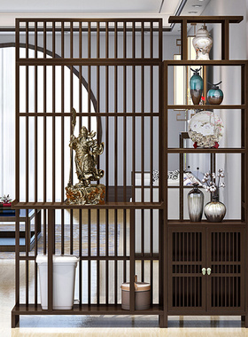 新中式屏风隔断墙客厅实木入户玄关柜子现代简约镂空格栅装饰座屏