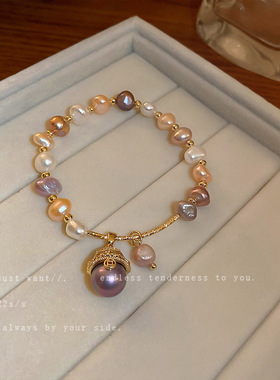 巴洛克淡水珍珠锆石手链设计感小猫头手环手串网红时尚气质手饰女