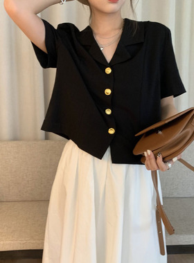 复古法式西装领衬衫设计感小众短袖衬衣v领独特上衣女高级感夏季