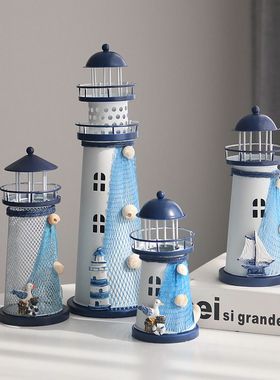 地中海铁皮电子灯塔摆件创意桌面摆件海洋风发光灯塔海边纪念礼品