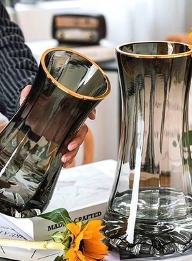 轻奢创意简约原色玻璃花瓶透明水养鲜花百合北欧网红客厅插花摆件