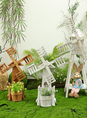 实木风车摆件微景观花园庭院装饰创意森系摆设幼儿园环境布置材料