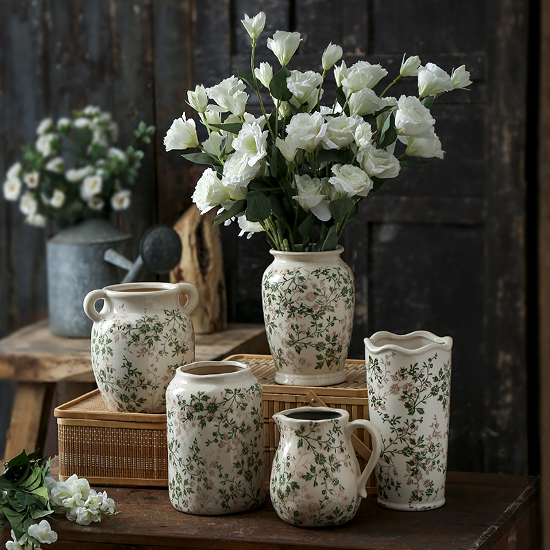 简约绿色复古陶瓷花瓶插花卉鲜花水培器皿客厅餐桌面创意摆件大号