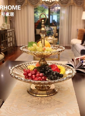 IKER欧式玻璃双层果盘创意水果盘干果盘家用客厅茶几摆件奢华果盆