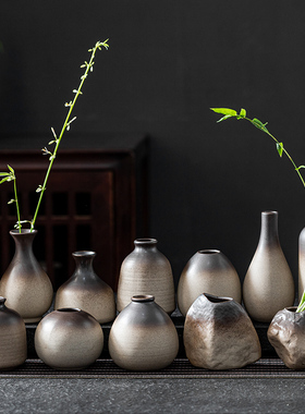 迷你陶瓷花瓶日式陶瓷花器茶桌花瓶粗陶禅意中式铜钱草家居摆件
