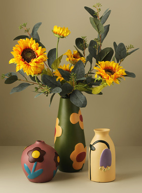 北欧创意彩绘莫兰迪陶瓷花瓶干花摆件家居玄关装饰品电视柜摆设