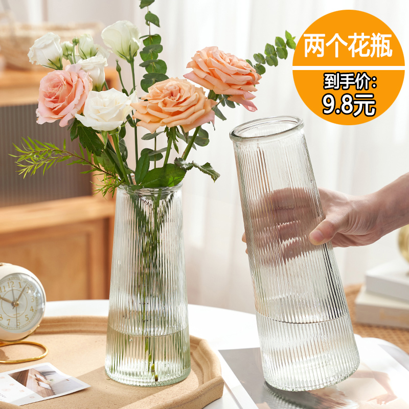 【两件套】北欧玻璃花瓶透明水养鲜花百合富贵竹花瓶客厅插花摆件