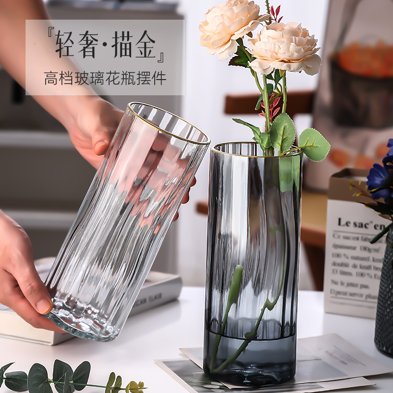 大号玻璃花瓶轻奢高级感客厅插花摆件北欧简约透明水养富贵竹花瓶