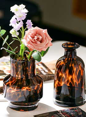 高级感网红豹纹花瓶轻奢玻璃插花家居样板间花器客厅小众装饰摆件