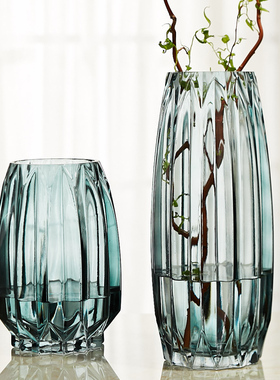 简约竖棱玻璃花瓶创意彩色透明百合花器客厅大号水养插花花瓶摆件
