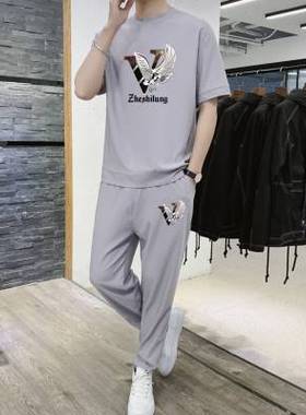 男士套装夏季韩版休闲运动裤子潮流时尚短袖男T两件套装2022新款