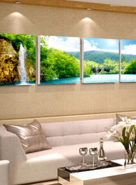 水晶玻璃画新中式四联组合大客厅沙发背景墙挂画经理室山水风景画