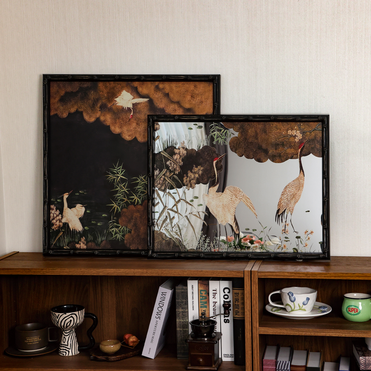 新中式复古花鸟镜子画电视柜沙发背景卧室家装高级感挂画装饰画