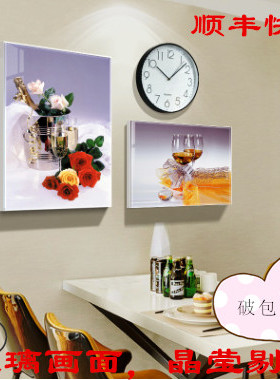 现代简约餐厅客厅装饰画背景墙挂画冰晶玻璃画香槟红酒杯钟表组合
