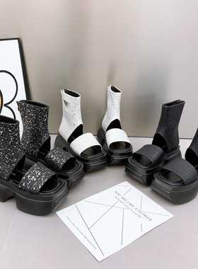 镂空黑色靴子设计感小众夏季百搭2024新款粗跟高跟凉靴透气厚底