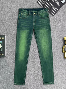 2024春季绿色牛仔裤男士修身显瘦高端弹力长裤时尚帅气百搭休闲裤