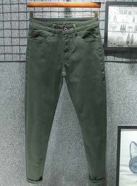 香港军绿色春秋牛仔裤男士修身小脚小直筒秋季高端深绿色休闲长裤