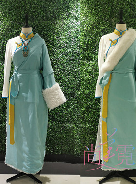 北京出租新款藏袍藏族服装女旅拍写真蓝色毛领西藏民族风服饰长袍