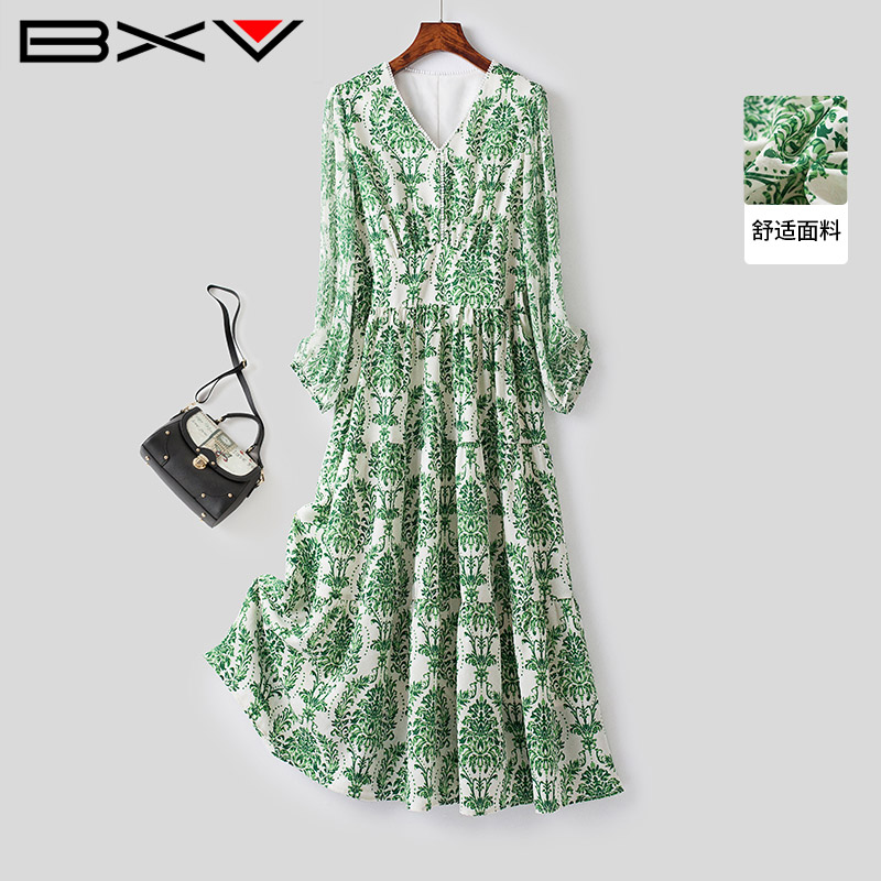 BXV法式绿色雪纺碎花连衣裙女2024夏季新款轻薄印花松紧腰长裙子