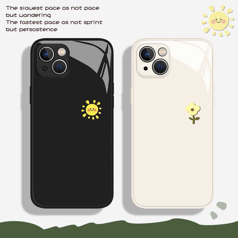 简约手机壳适用iphone14promax苹果14新款玻璃高清13太阳和花朵12情侣高级感小众一对11极简风网红超火特别的