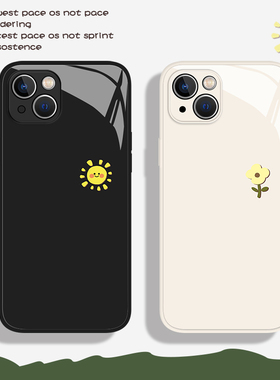 简约手机壳适用iphone14promax苹果14新款玻璃高清13太阳和花朵12情侣高级感小众一对11极简风网红超火特别的