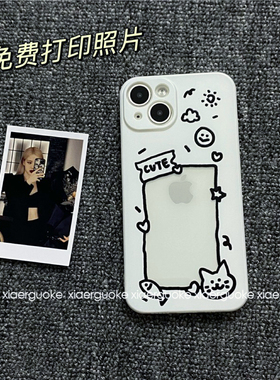 趣味卡通猫咪小鱼相框放照片手机壳15pro适用苹果15promax情侣简约iPhone12/13mini透明11新款可爱定制型号