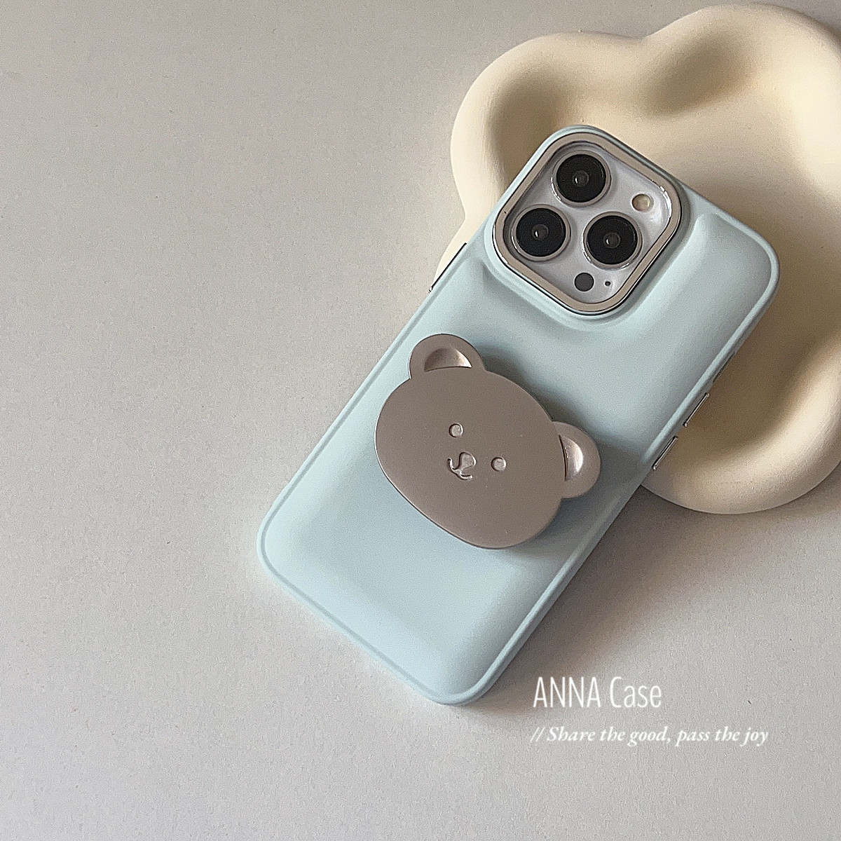 韩国ins奶蓝色金属小熊支架适用iphone14promax苹果13手机壳11新款12pro硅胶xs女全包软壳