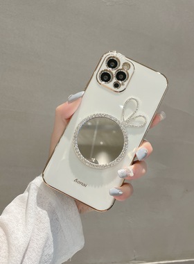 水钻兔耳朵补妆镜子iPhone15pro适用14pro手机壳13proMax超薄软硅胶12个性创意11苹果XS/XR保护套plus女新款