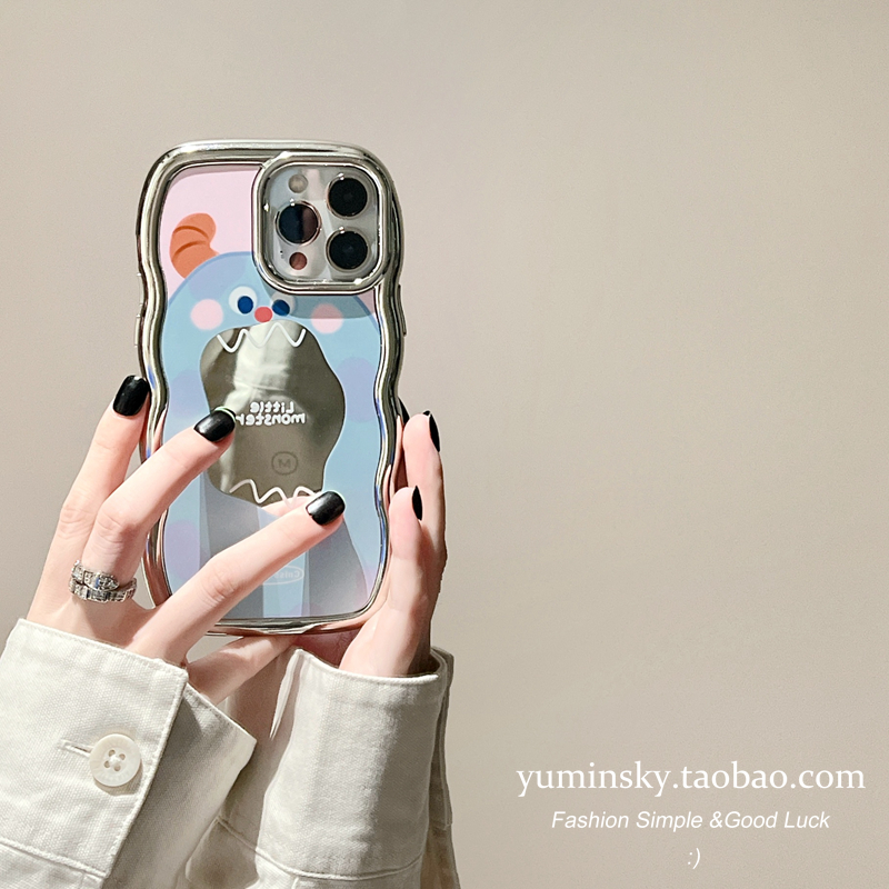 YUMIN SKY适用可爱卡通怪兽镜子iPhone15promax苹果14Pro手机壳11电镀plus新款13创意12Pro情侣max全包保护套