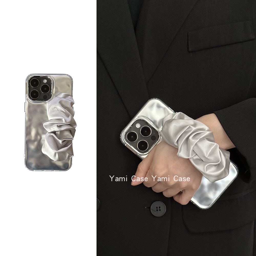 电镀银水波纹银色褶皱弹力手腕带适用苹果15promax手机壳iphone13pro小众12高级感11时尚14promax保护套