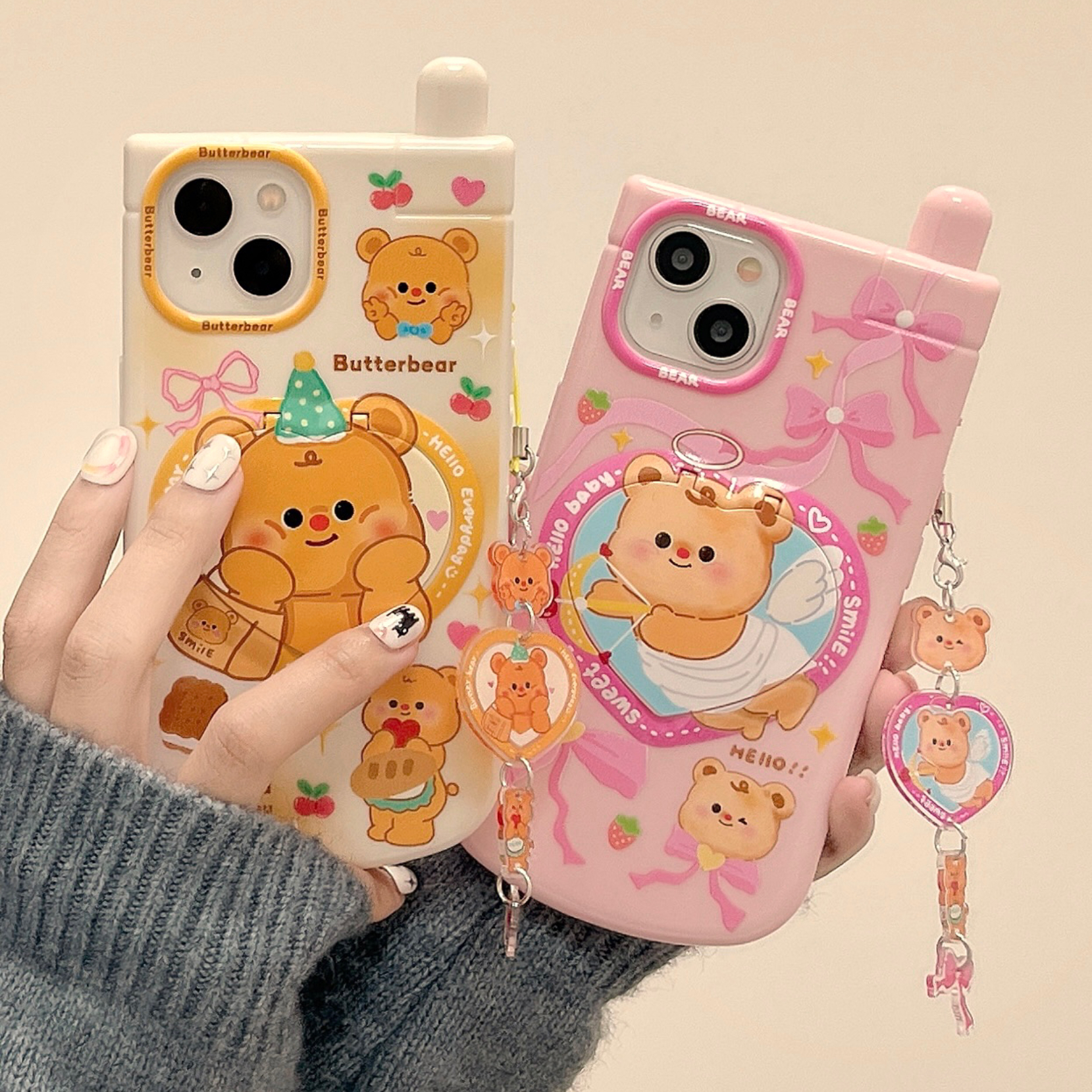 可爱黄油小熊翻盖镜子适用iPhone15promax苹果14手机壳新款13创意小灵通11女款14pro硅胶12pro全包防摔保护套