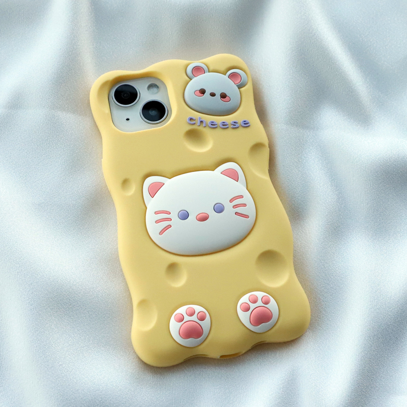 可爱奶酪猫咪适用于苹果iphone14/13手机壳12pro卡通老鼠11promax全包保护加厚防摔软硅胶套个性黄创意女新款