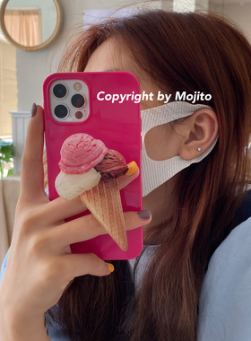 MOJITO韩国ins粉色冰淇淋支架手机壳适用iPhone15pro Max/14保护套iPhone11/12/13XR硅胶12pro软壳