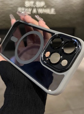 钛灰色磁吸金属镜头适用苹果15promax手机壳新款14pro透明黑magsafe硅胶iphone15plus小众高级感13pm保护套男