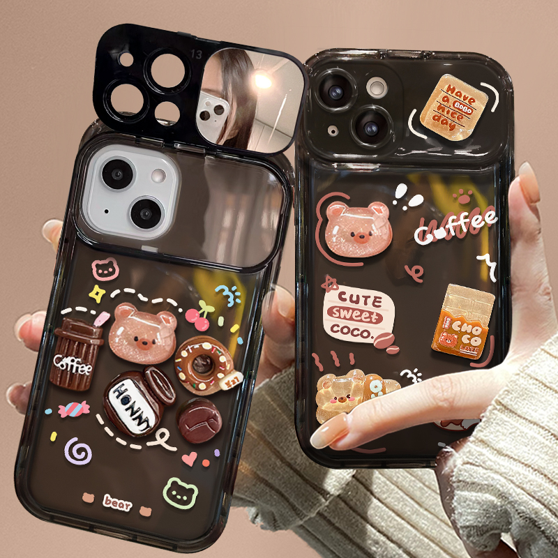 可爱卡通咖啡熊适用于苹果15promax手机壳新款14翻盖镜子13铃铛挂坠12min手机保护套11镜头全包女款