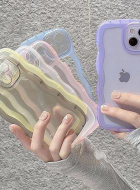 ins韩国马卡龙适用iPhone15手机壳纯色14promax透明13波浪纹12min
