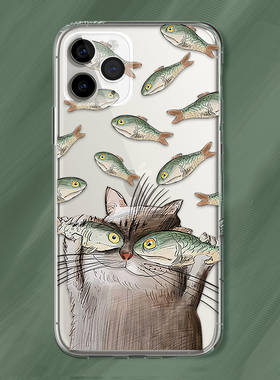 新款情侣闺蜜手绘搞笑猫咪与小鱼高级感苹果15promax适用iphone14pro透明13min/xs11镜头全包xr软12min手机壳