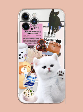 新款艺术文艺高级感苹果15promax拼图可爱招手小猫咪适用iphone14pro透明13min/xs/11镜头全包软12pmax手机壳