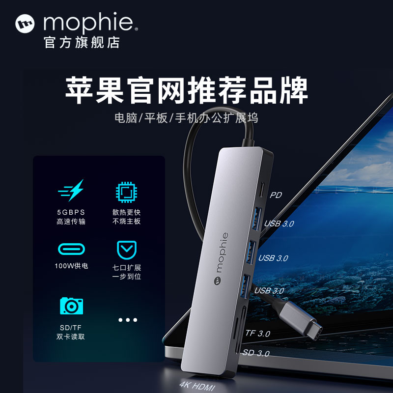 mophie七合一扩展坞Typec笔记本USB分线多接口适用于苹果15pro电脑MacBookPro拓展坞转换器iPad华为手机
