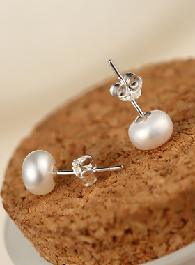 s925纯银天然淡水珍珠耳钉扁圆韩国女可爱银饰品耳饰品气质耳环
